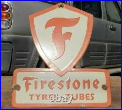 1930's Old Vintage Very Rare Firestone Tire & Tubes Porcelain Enamel Sign Board