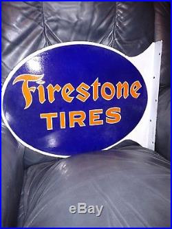 1930's Vintage Firestone Tires Double Sided Porcelain Flange Sign-original