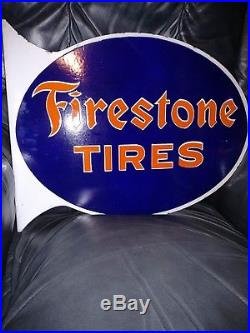 1930's Vintage Firestone Tires Double Sided Porcelain Flange Sign-original