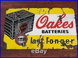 1940s OAKES BATTERIES VINTAGE AUTO OIL GAS CAR TIRE GARAGE PORCELAIN ENAMEL SIGN