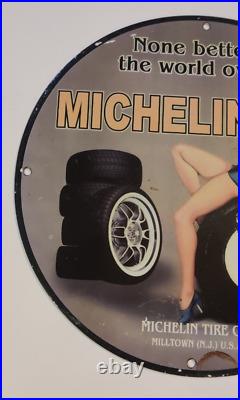 1949 Rare Old Vintage Michelin Tires Pin Up Man Cave Garage Bar Porcelain Sign