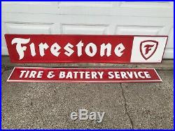 2 Large Vintage Firestone Embossed & Tire & Battery Service Metal Signs