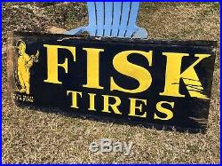 64 Antique Embossed Metal FISK Tire Boy Gas Oil Auto Car Non Porcelain Sign VTG
