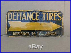 Antique/Vintage Defiance Tires Sign Embossed metal tin tacker Authentic/Original