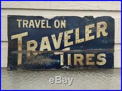 Antique/Vintage Travelers Tire Sign Bike Tire Sign Embossed Green Back 23 x 12