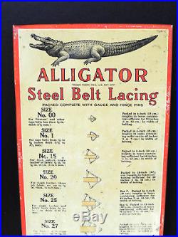 Antique vtg c1920s ALLIGATOR Steel Belt Lacing TIN SIGN Industrial Gas Oil Tires