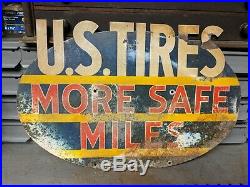 BEAUTIFUL Vintage US Tires Sign MORE SAFE MILES Gas Oil Automotive Garage Sign