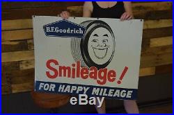 BF GOODRICH TIRES SMILEAGE TIN SIGN vintage Rare version large graphic Gas Oil