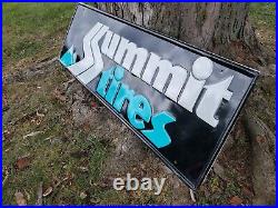 C. 1970s Original Vintage Summit Tires Sign Metal Embossed Gas Oil Firestone Soda
