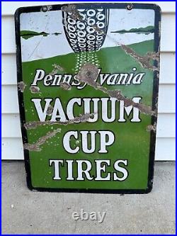 EARLY 1900's Vintage PENNSYLVANIA VACUUM CUP TIRES Sign PORCELAIN Gas Oil AUTO