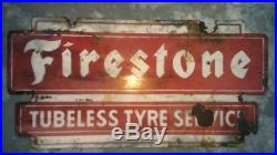 FIRESTONE TUBELESS TYRES Tires Vintage 2Sided Porcelain Sign 1950s RARE ORIGINAL