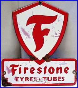 Firestone Tire Advertising Sign Vintage Porcelain Enamel Cut Out Shop Display Ad