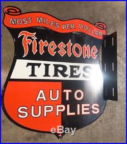 Firestone Tire Vintage Porcelain Flange Sign Double Sided Very Nice