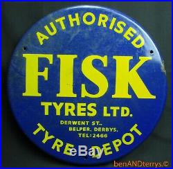 Fisk Tyres Round Metal Tin Gas Station Porcelain Vintage Tire Sign