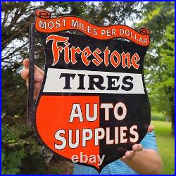 Flanged Vintage Firestone Tiresn Auto Supplies Porcelain Metal Tire Sign 13x15