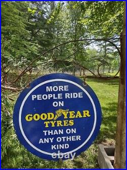 LARGE VINTAGE 1937 DOUBLE-SIDED GOODYEAR TYRES With BRACKET PORCELAIN METAL SIGN