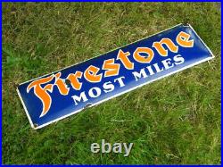 LARGE VINTAGE FIRESTONE MOST MILES PORCELAIN SIGN 27-1/2 x 7-3/4 TIRES OIL