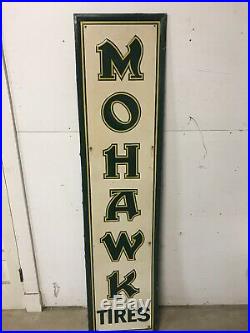 Large Vintage 1940s Vertical Mohawk Tires Gas Station 70 Embossed Metal Sign