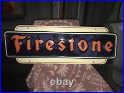 Large Vintage 1947 Firestone Tires Gas Station 48 Embossed Metal Sign NICE