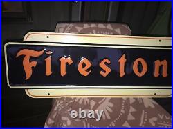Large Vintage 1947 Firestone Tires Gas Station 48 Embossed Metal Sign NICE
