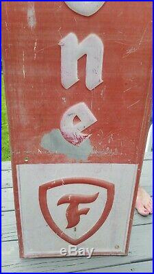 Large Vintage 1957 Firestone Tires Gas Station Oil 72 Embossed Metal Sign