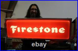 Large Vintage 1970's Firestone Tires Gas Station 36 Embossed Lighted Sign NICE