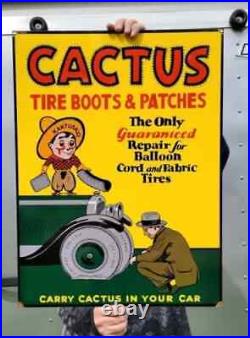 Large Vintage Cactus Tire Boot Porcelain Enamel Tire Station Sign 18 X 24