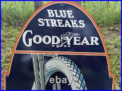 Large Vintage Good Year Blue Streak Tires Porcelain Metal Gas Pump Sign