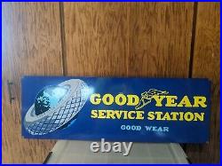 Large Vintage Goodyear Tire Station Porcelain Metal Heavy Sign Good Wear