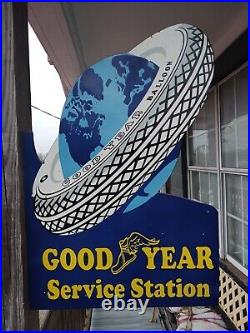 Large Vintage Goodyear Tires Service Station 2 Sided 30 Porcelain Flange Sign