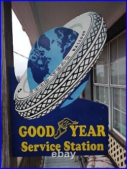 Large Vintage Goodyear Tires Service Station 2 Sided 30 Porcelain Flange Sign