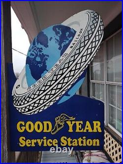 Large Vintage Goodyear Tires Service Station 2 Sided 30 Porcelain Flange Sign