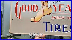 Large Vintage Old Goodyear Tires Agency Heavy Metal Porcelain Enamel Tire Sign