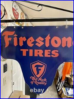 Large Vintage Porcelain Double Sided Firestone Tires Display Sign With Bracket