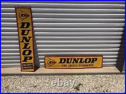 Large Vtg Dunlop Tires Horizontal/Vertical Signs Embossed Metal Approx 60x14