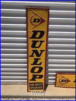 Large Vtg Dunlop Tires Horizontal/Vertical Signs Embossed Metal Approx 60x14