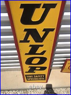 Large Vtg Dunlop Tires Horizontal/Vertical Signs Embossed Metal Approx 60x14