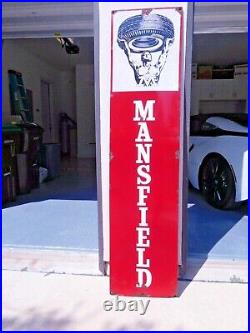 Large original vintage porcelain MANSFIELD tires sign with man holding up a tire