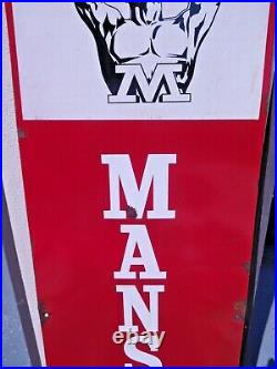 Large original vintage porcelain MANSFIELD tires sign with man holding up a tire