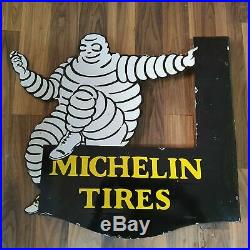 MICHELIN TIRES 2 SIDED FLANGE VINTAGE PORCELAIN SIGN 22 x 18 INCHES ROUND