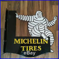 MICHELIN TIRES 2 SIDED FLANGE VINTAGE PORCELAIN SIGN 22 x 18 INCHES ROUND