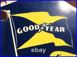 ORIGINAL 1947 VINTAGE PORCELAIN GOODYEAR TIRES SIGN GAS OIL DOUBLE SIDED 48x27