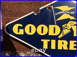 ORIGINAL 1947 VINTAGE PORCELAIN GOODYEAR TIRES SIGN GAS OIL DOUBLE SIDED 48x27