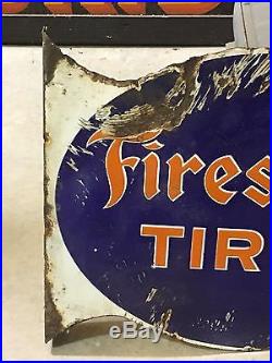ORIGINAL Early Vintage FIRESTONE TIRES Flange Sign Gas Oil Station OLD Porcelain