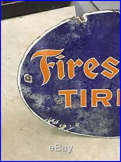 ORIGINAL Early Vintage FIRESTONE TIRES Flange Sign Gas Oil Station OLD Porcelain