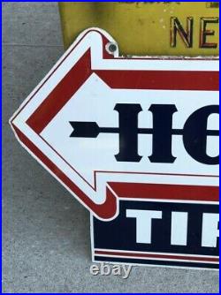 ORIGINAL early Double Sided Vintage HOOD TIRE ARROW Sign OLD Gas Oil Mancave WOW
