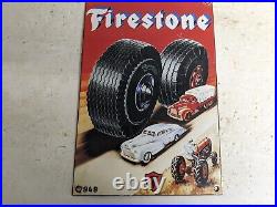 Old Vintage 1949 Firestone Tires Porcelain Advertising Sign Wheel Tire