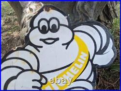 Old Vintage Michelin Man Tires Porcelain Metal Gas Station Pump Sign Yellow