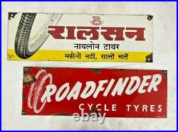 Old Vintage Rare Ralson & Roadfinder Tyre' Porcelain Enamel Adv. Sign Board