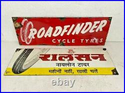Old Vintage Rare Ralson & Roadfinder Tyre' Porcelain Enamel Adv. Sign Board